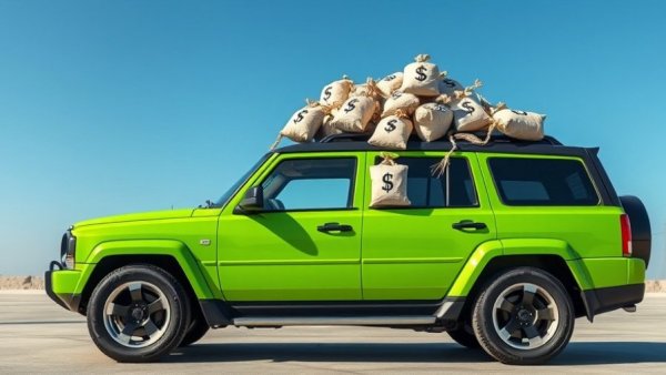 Green SUV loaded with money bags symbolizes auto loan debt crisis.