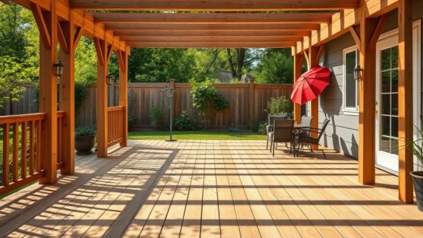 Building a Deck with Family: wooden deck frame in sunny backyard