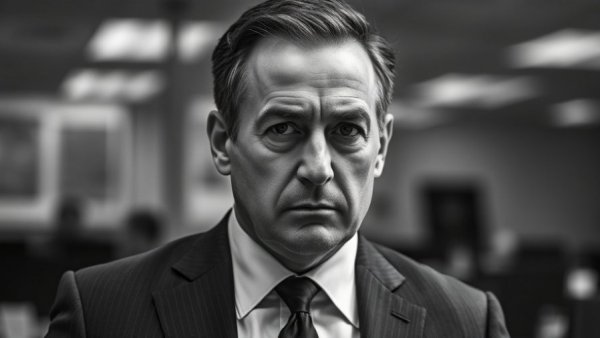 Man in suit looking serious in an office setting, Musk v. Altman trial.