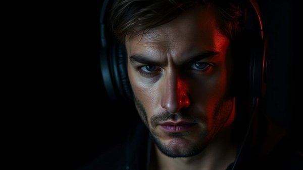 Moody portrait of man with headphones, capturing the power of the present moment.
