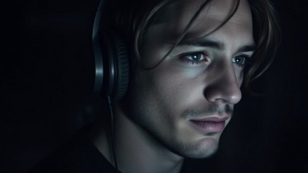 Cinematic portrait of person listening to podcast, build the life you want.