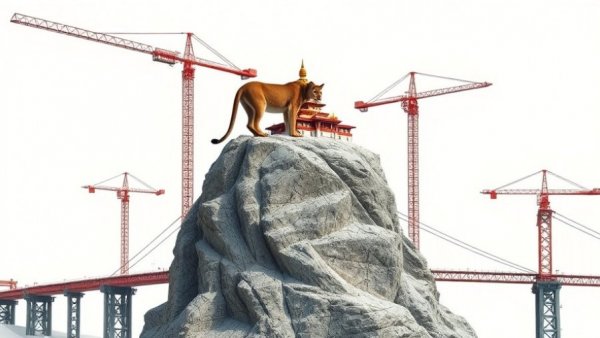 Surreal construction scene with a mountain lion on beams, AI in IVF technology metaphor.