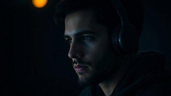 Deep in thought man listening with headphones on a dark background.
