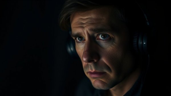 Moody man with headphones in dark setting, introspective gaze.
