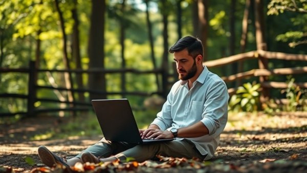 Man engaging with technology in a peaceful forest setting.