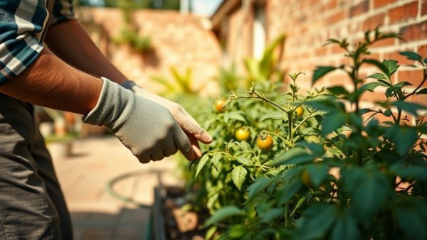 Gardener practicing sun protection tips while tending plants.