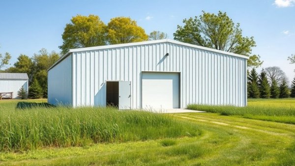 Industrial building with open door in a garden, small business setting.