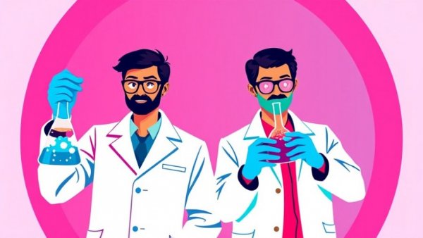 Abstract illustration of scientists with rejuvenation flasks in pink and blue.