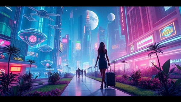 Futuristic cityscape with woman and spaceships in vibrant colors.