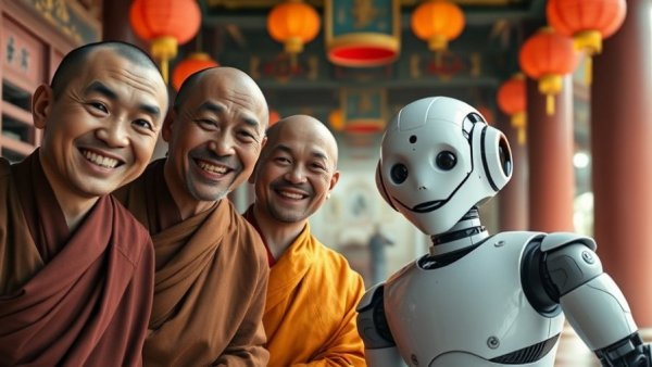 Buddhist monks enjoying AI interaction in South Korea, capturing a selfie.