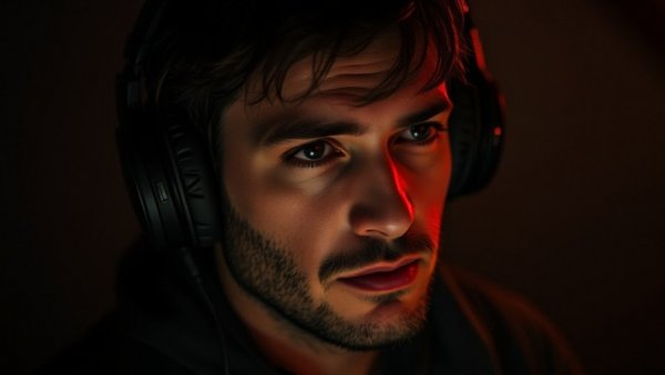 Moody portrait of a man on a self-discovery journey in a podcast setting.