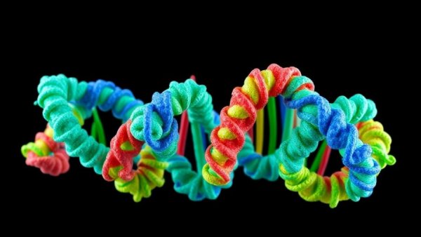 3D protein structure model in vivid colors and spiral shapes.