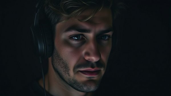 Moody portrait of a man in headphones, trust yourself for personal growth.