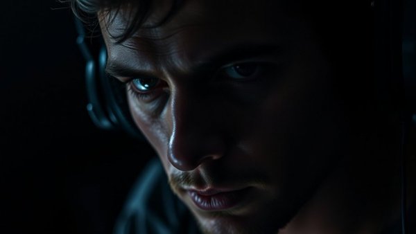 Close-up of a man with headphones in dark setting, stop waiting transform your life.