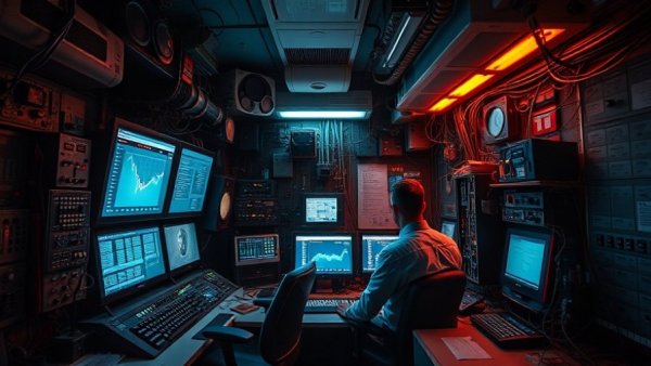 Busy control room with electronic equipment and cables, illustrating complex data monitoring.