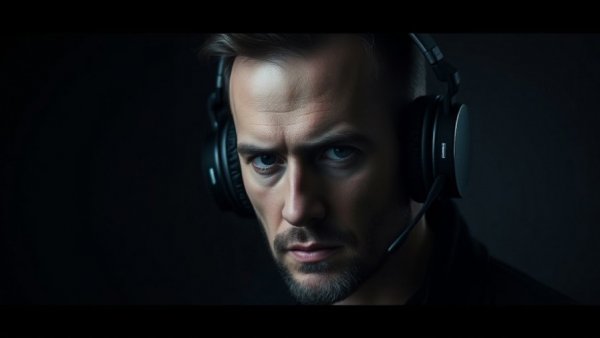 Portrait of a man with headphones, dramatic lighting, 1% mindset.