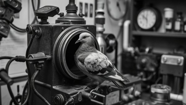 Vintage mechanical device with pigeon interaction, historical insight.