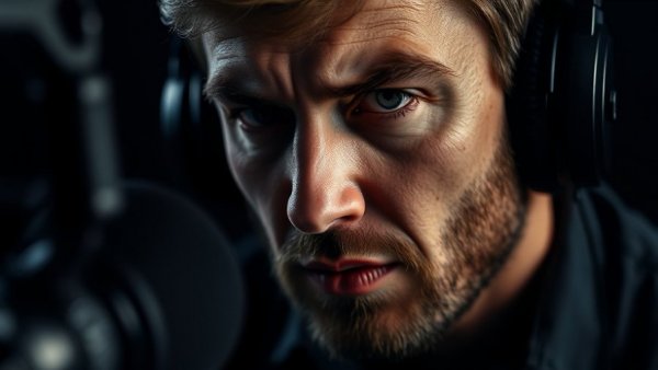 Podcast speaker's intense focus while delivering motivational speeches for life change.