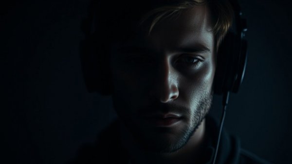 Moody portrait of man with headphones from podcast cover.
