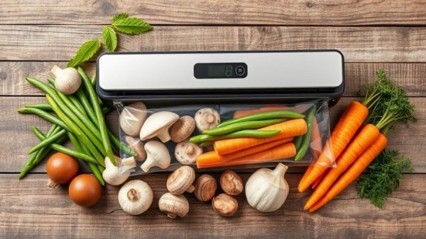 Vacuum-sealed food for effective food saving on rustic background.