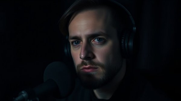 Moody podcast host portrait with headphones, nothing changes until you do.