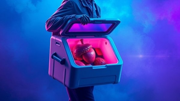 Stylized carrying cooler with visible organs, organ preservation concept.