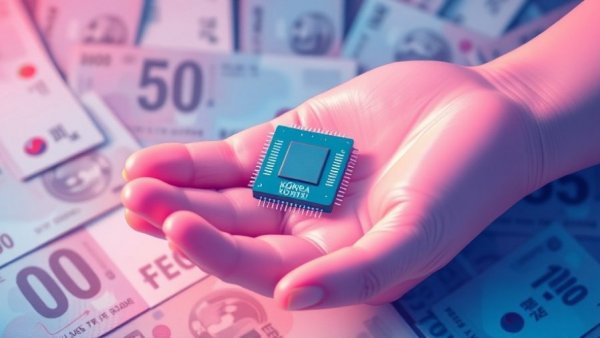 Illustration of a hand holding a microchip with Korean currency