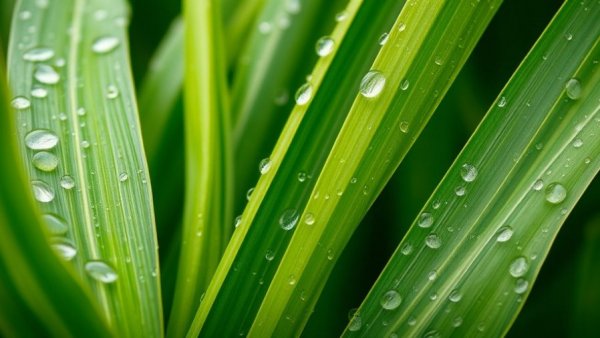 Corn leaves with water droplets, Midwest humidity scene.