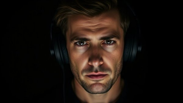 Portrait of a man with headphones, conveying focus and intensity.