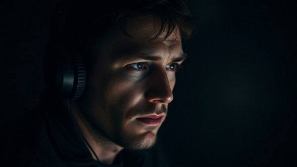Thoughtful man wearing headphones during a podcast.