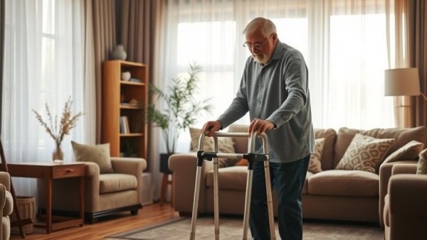 Elderly man with walker getting home assistance after knee surgery.