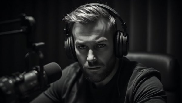 Moody portrait in a podcast studio, Rewrite Your Narrative for Personal Growth.