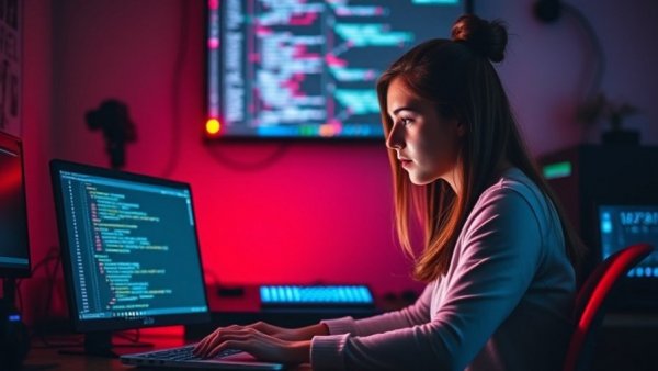 Young woman coding, showcasing AI innovation in business strategy, red and blue lighting