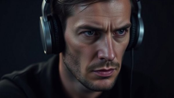 Close-up of a man with headphones in a dark setting, remember who you were before the world changed