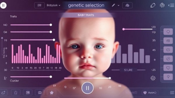 Futuristic baby design interface illustrating genetic trait selection.