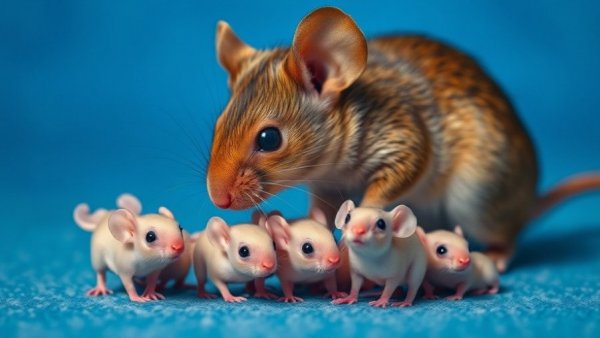 Brown mouse with cloned newborn mice labeled as female and male.