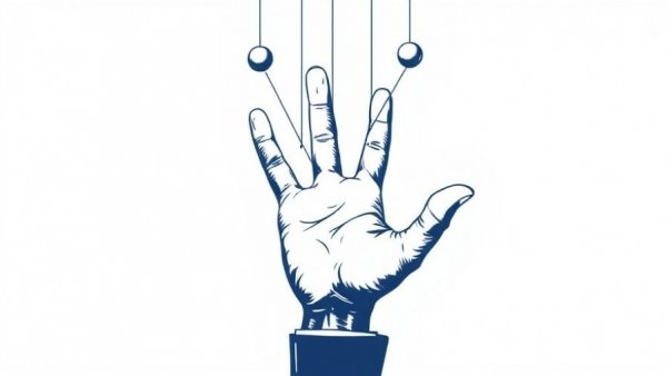 Conceptual illustration of a puppet hand symbolizing censorship-industrial complex.