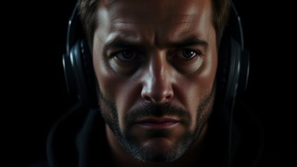 Serious man wearing headphones, introspective in dim light.