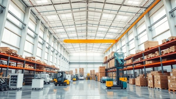 Modern industrial warehouse using AI technology, bright workspace