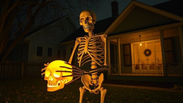 Giant skeleton holding skull in front of a decorated house for Halloween.