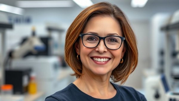 Professional woman smiling in a lab, linked to sustainable adhesives.