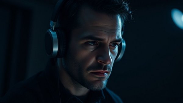 Man with headphones focused on podcast with intense expression.