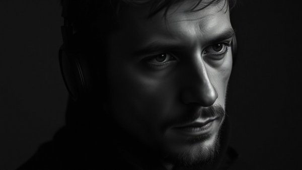 Moody close-up portrait of a man in headphones for podcast.