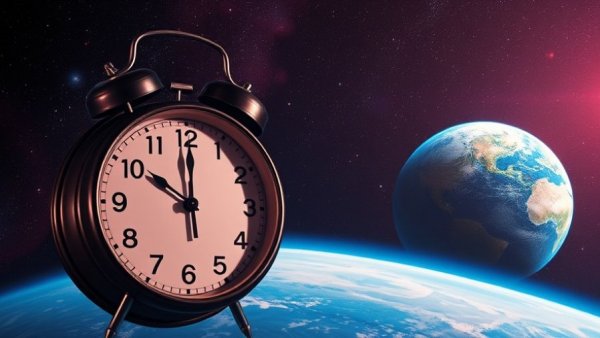 Clock with cosmic background symbolizing AI extinction fears.