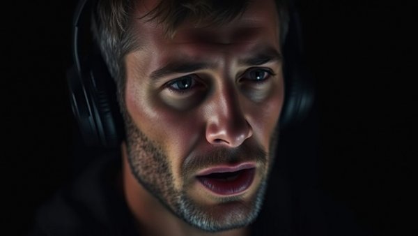 Man focused on powerful motivational speeches wearing headphones in a podcast.