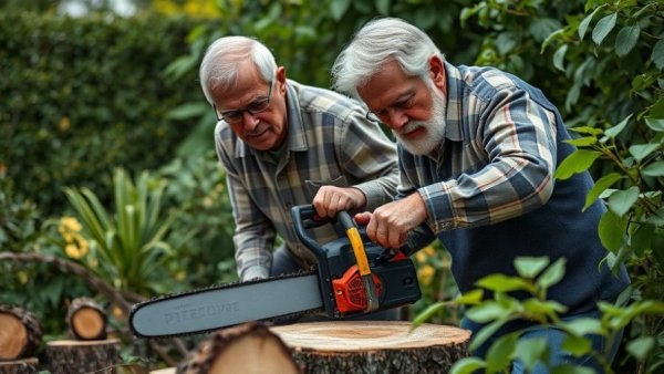 Two seniors operating a chainsaw safely in a garden setting