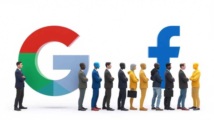 Google and Facebook icons with people lined up for job creation technology.
