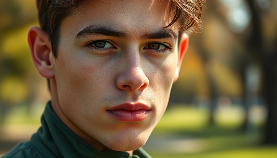 Young man in green jacket with serious expression, natural sunlight