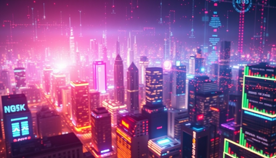 AI elements with trade symbols in digital art, futuristic cityscape.