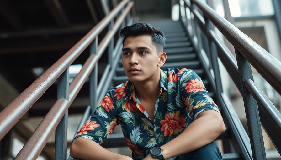 Thoughtful man in floral shirt sitting on yellow metal stairs, Silicon Valley influence.